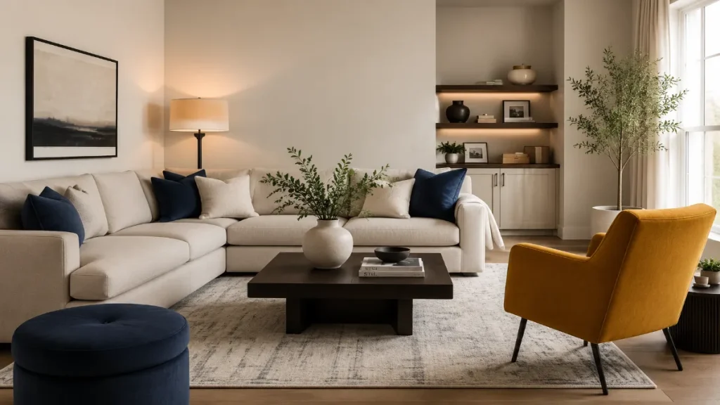 70/30 Color Rule Living Room with Beige, Navy & Mustard Accents