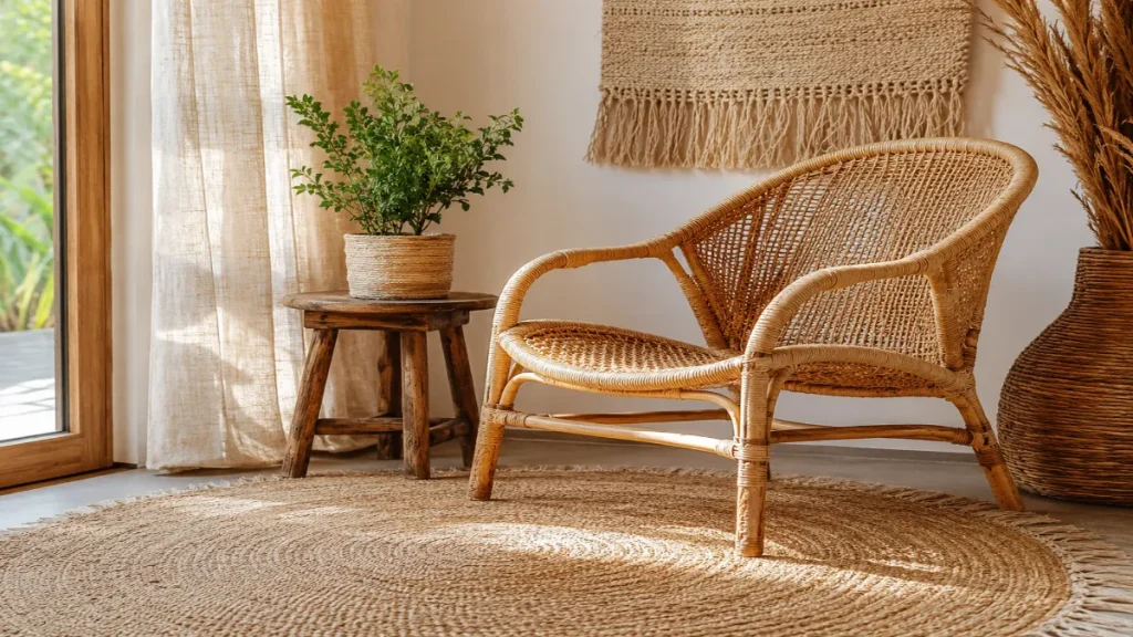 Handcrafted natural rattan and cane occasional chair in a bohemian-style room corner with a woven jute rug, linen curtain, wooden stool, and green plant in bright morning daylight.