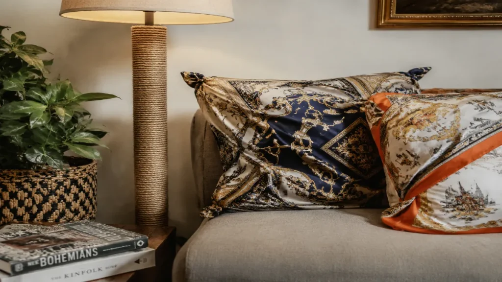 Boho DIY Room Corner with Rope-Wrapped Floor Lamp & Vintage Scarf Cushions