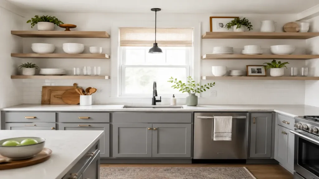 Budget Kitchen Cabinet Makeover with Open Shelving
