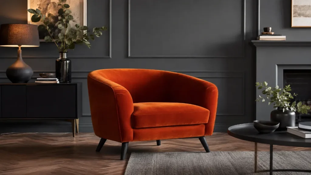Burnt orange velvet lounge chair against a charcoal gray living room wall in a modern minimalist interior.