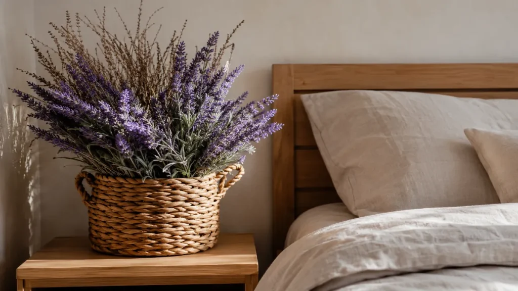 Calming Bedroom Nightstand with Faux Lavender in Wicker Basket