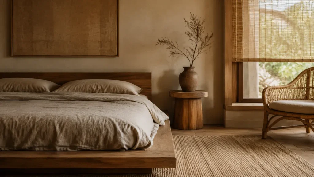 Cozy Japandi Style Bedroom with Warm Natural Wood and Linen Interior