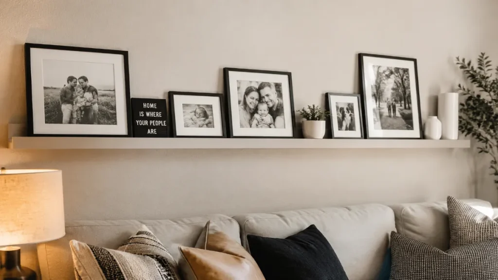 DIY Floating Picture Ledge Shelf with Black & White Gallery Wall | Modern Living Room Decor