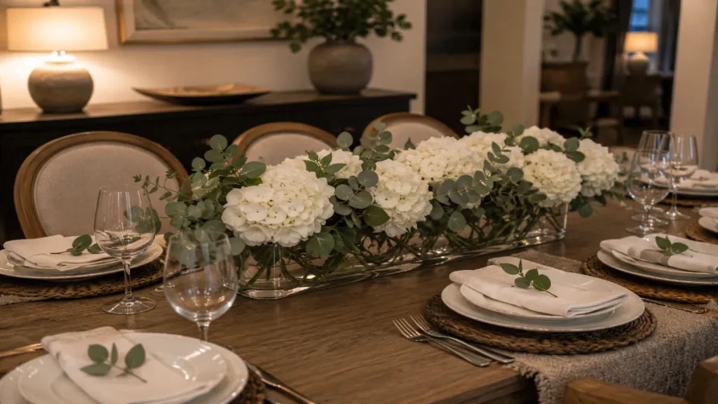 Elegant Faux White Hydrangea Dining Table Centerpiece in Clear Glass Vase