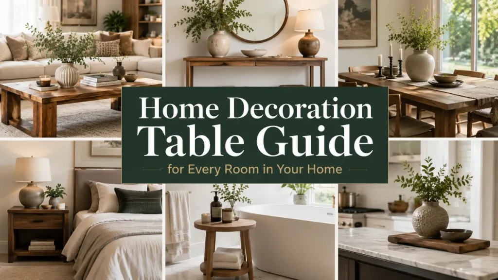 Modern home decoration table guide featuring stylish coffee, dining, console, bedside, bathroom, and kitchen table décor ideas with minimalist accessories.