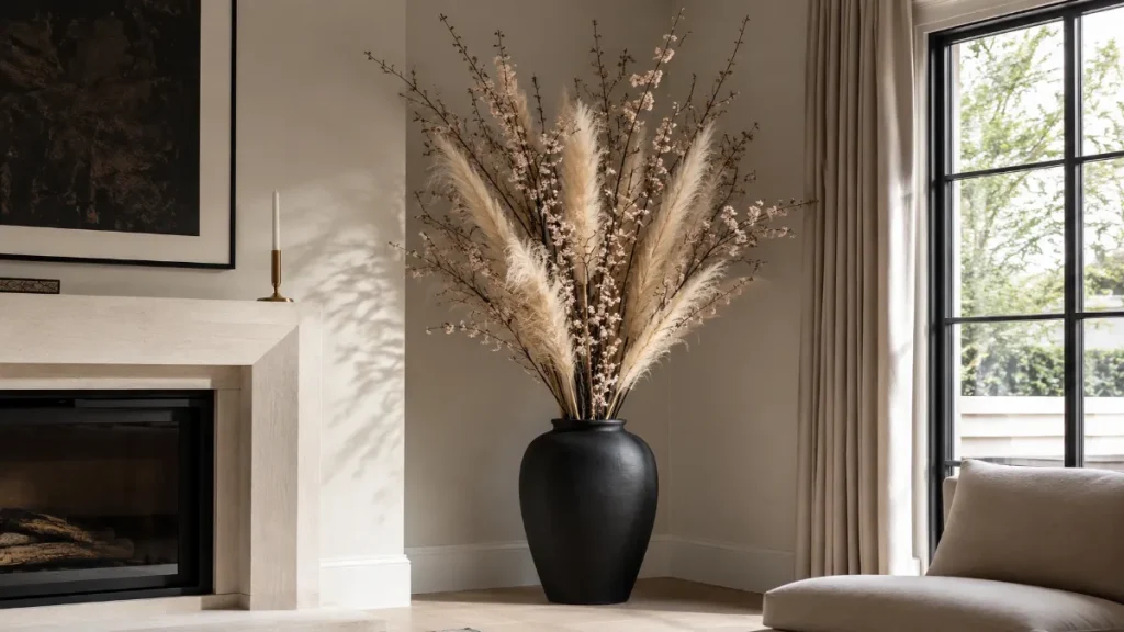 Luxury Living Room Corner with Matte Black Floor Vase, Faux Pampas Grass & Cherry Blossom Branches