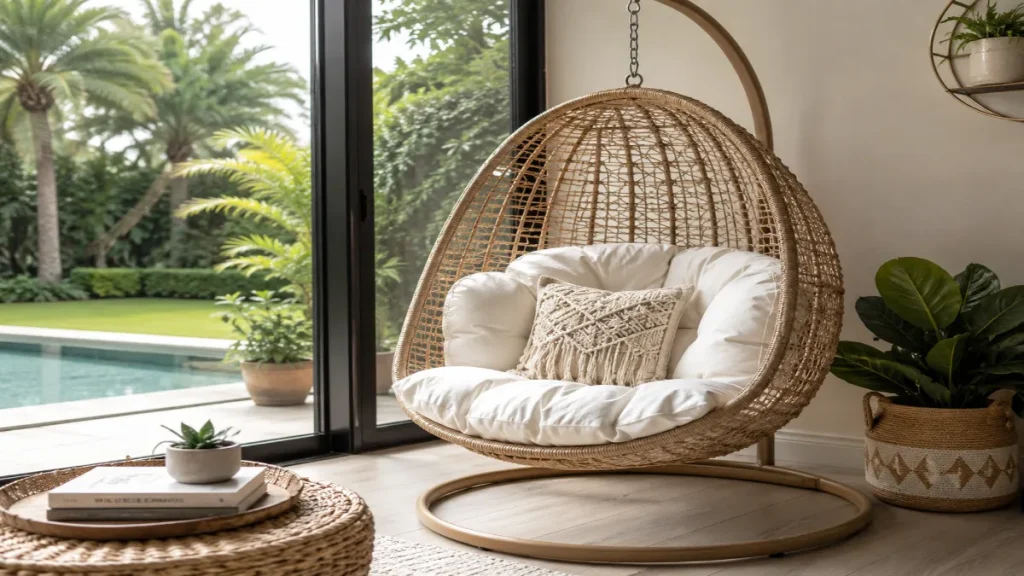Luxury indoor living room featuring a light wicker egg-shaped hanging chair with white cushions beside a floor-to-ceiling window overlooking lush greenery.