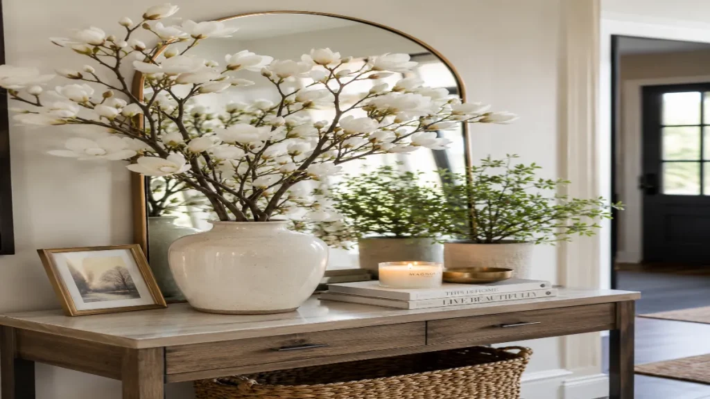 Modern Home Entryway with Faux Magnolia Branches in Ceramic Vase