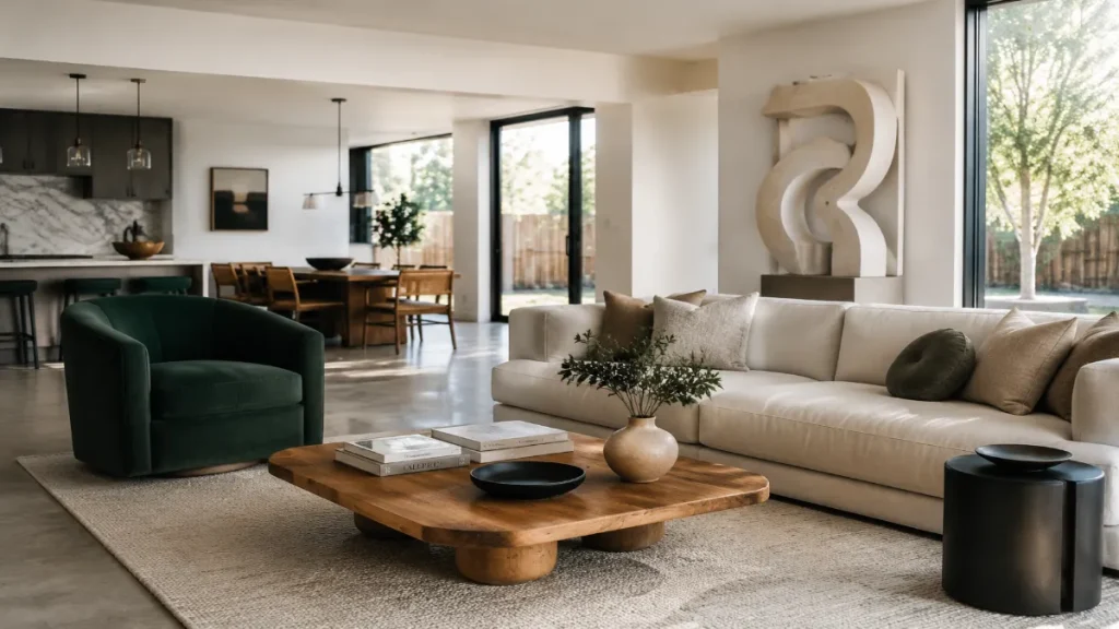 Open-Plan Modern Living Room with Emerald Accent Chair and Oak Coffee Table