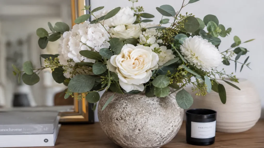 Premium Faux Silk Flowers with Eucalyptus in Textured Stone Vase