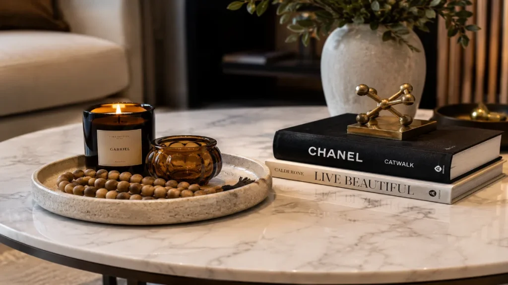 Close-up of a professionally styled round marble coffee table featuring a textured ceramic tray, lit luxury candle, amber glass bowl, decorative wooden beads, hardcover fashion and architecture books, and a brass sculpture.