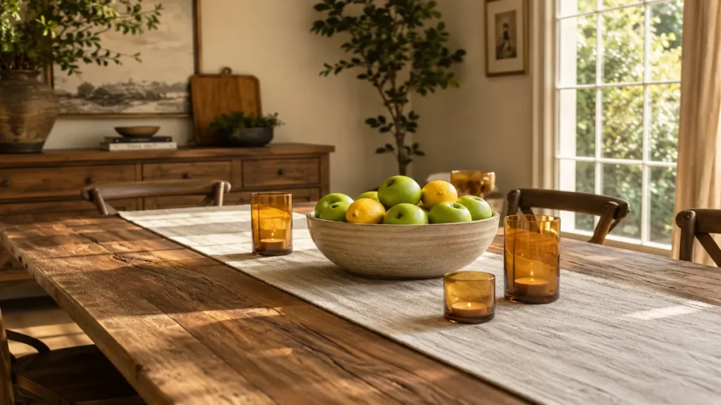 A rustic wooden dining table with a light grey linen runner, ceramic bowl filled with green apples and lemons, and amber glass candle holders in a bright cozy dining room.