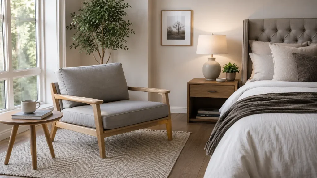 Cozy master bedroom sitting area with a minimalist Scandinavian lounge chair featuring a light oak wood frame, soft gray cushions, and a textured area rug near a bright window.