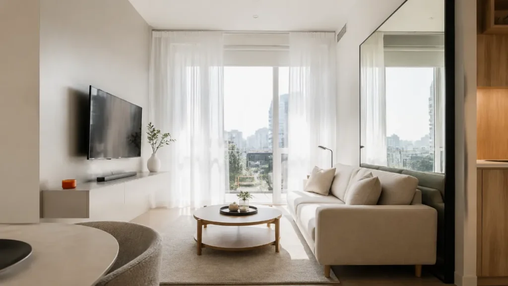 Small Modern Apartment Living Room with Floating Media Console & Sheer Curtains