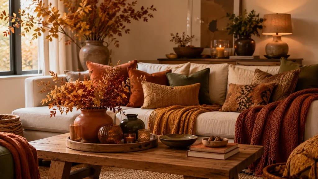 15 Autumn Home Decoration Ideas for a Cozy 2026 Home 2 Autumn Home Decoration Ideas: Cozy Earth-Tone Living Room Inspiration for Fall