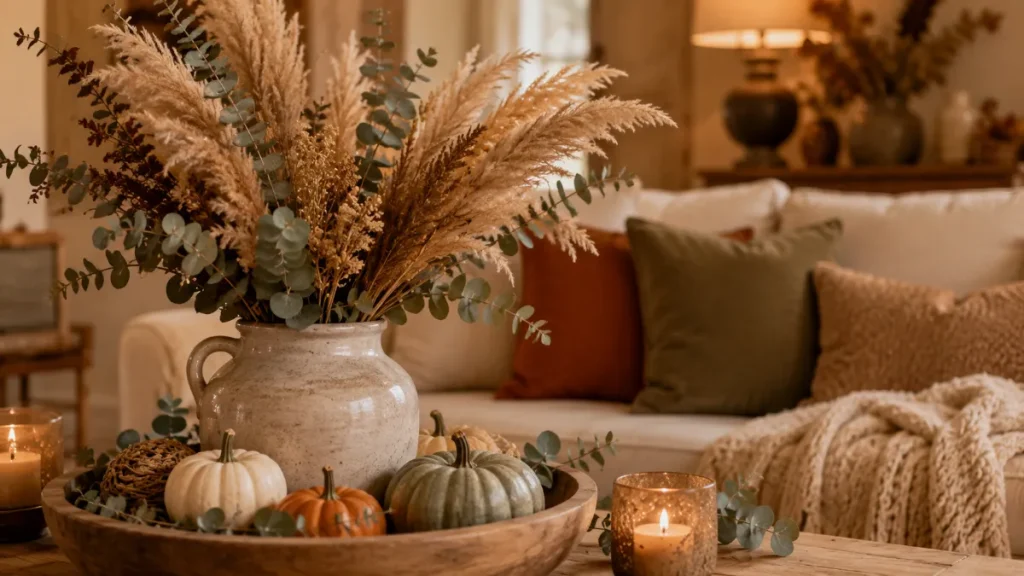 15 Autumn Home Decoration Ideas for a Cozy 2026 Home 3 Autumn Home Decoration Ideas: Elegant Pampas Grass & Pumpkin Fall Deco