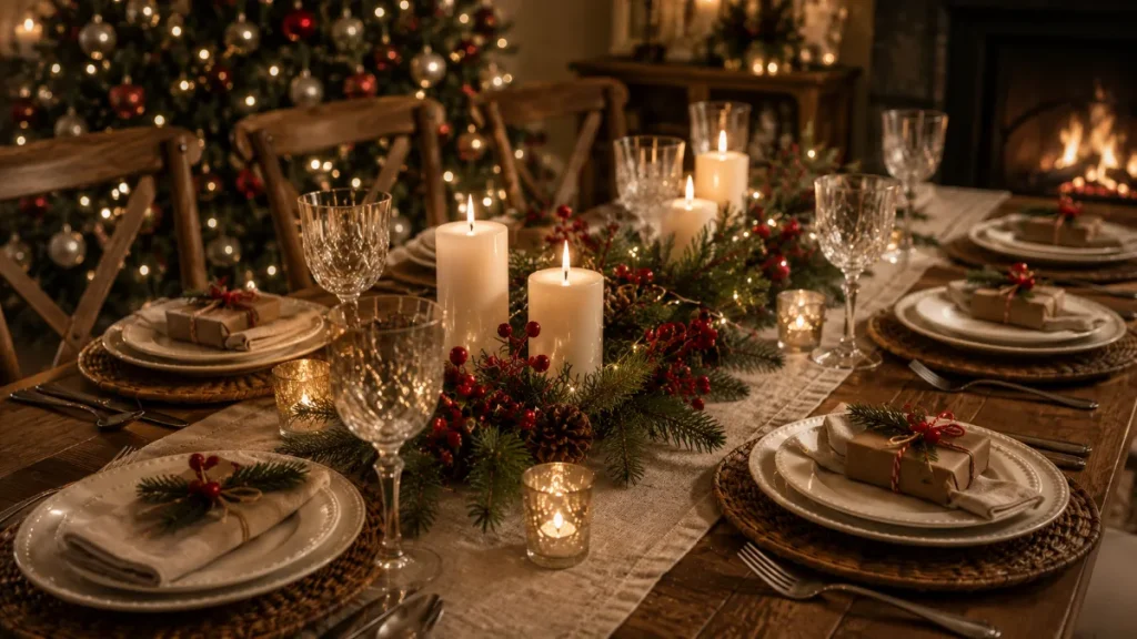 A beautifully arranged Christmas dining table featuring fresh pine branches, white candles, red berry clusters, a linen table runner, elegant place settings, folded napkins, and small wrapped holiday gifts in a warm festive dining room.