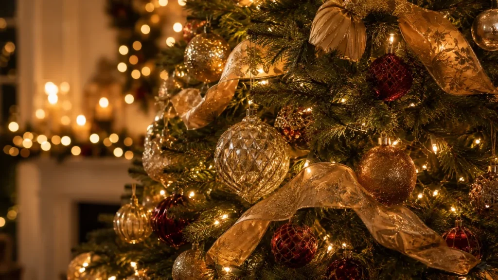 A close-up of a beautifully decorated Christmas tree featuring warm white fairy lights, elegant ribbons woven through lush branches, and textured glass ornaments creating a magical holiday atmosphere.