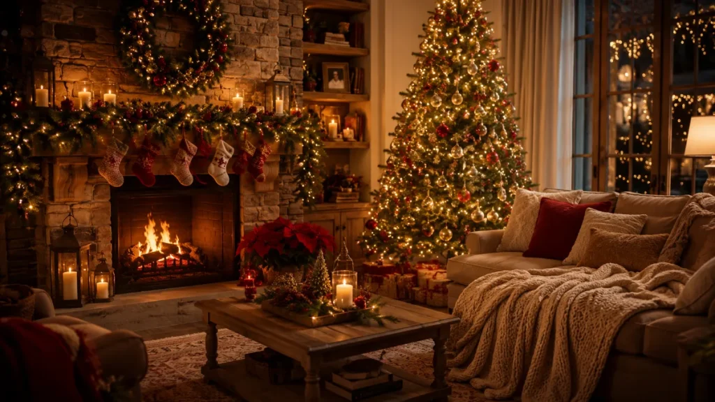 A cozy and elegant living room decorated for Christmas with a beautifully lit Christmas tree, stone fireplace, evergreen garland, stockings, candles, plush blanket, and warm festive lighting.