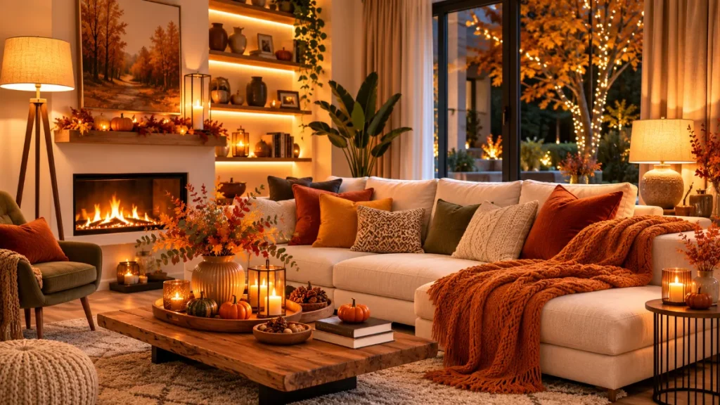 15 Autumn Home Decoration Ideas for a Cozy 2026 Home 4 Autumn Home Decoration Ideas: Cozy Layered Lighting Living Room for Fall