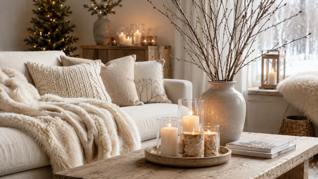 A cozy Scandinavian-style winter living room with a cream sofa, faux fur throw blanket, neutral pillows, birch branches in a ceramic vase, glowing white candles, and warm minimalist decor.