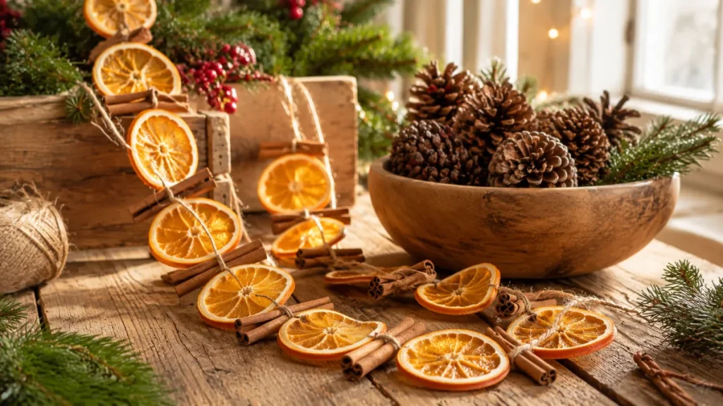 A charming DIY Christmas decoration featuring a handmade garland of dried orange slices and cinnamon sticks, a wooden bowl filled with natural pinecones, rustic wooden table, and soft natural morning light.