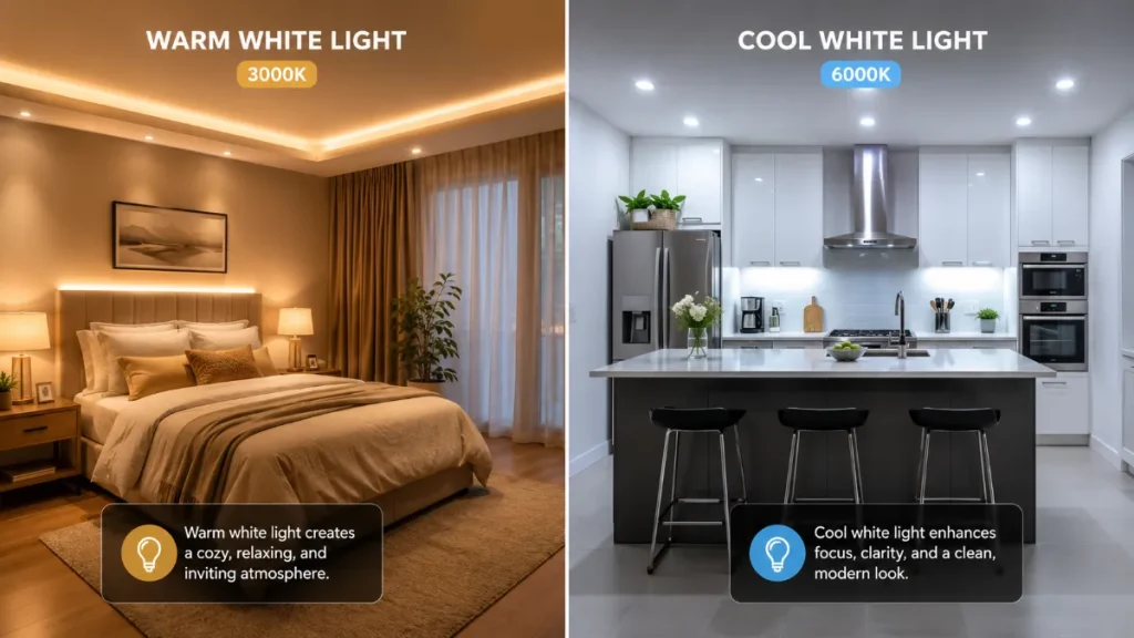 Side-by-side comparison of home decoration lights showing a warm white cozy bedroom and a cool white modern kitchen with clean interior lighting design.