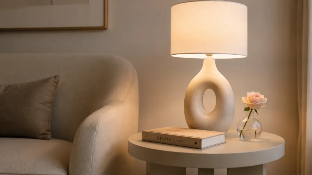 A small minimalist end table beside a soft beige fabric armchair featuring a sculptural ceramic table lamp, a closed hardcover book, and a clear glass vase with a single rose in a modern transitional living room.
