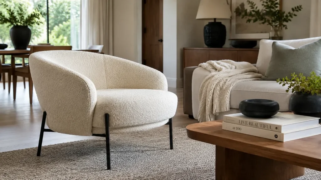 Modern Living Room with Cream Bouclé Accent Chair