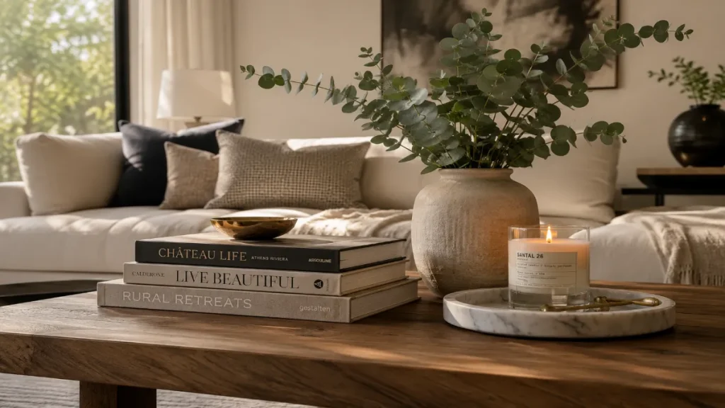 A beautifully styled modern living room featuring a wooden coffee table with a ceramic vase of fresh eucalyptus, luxury hardcover design books, and a premium scented candle on a marble tray.